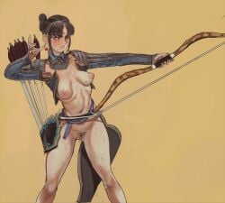 1girls archer bow breasts_apart feet_out_of_frame female female_only longbow mossa nude pubic_hair pussy scar scar_on_face shoulder_pads simple_background small_breasts solo solo_female standing sweat sweating_profusely tied_hair