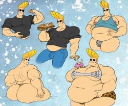 1boy areolae_slip bara bhm big_belly big_butt big_hair big_moobs blonde_hair bulge gay huge_ass johnny_bravo johnny_bravo_(series) mail_order_superhero male male_focus male_only moobs muscular muscular_male nipples nipples_outside obese small_clothes solo stuffing sub_sandwich sunglasses tank_top thong visible_areolae weight_gain