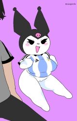 anthro argentina blush clothed clothing dot_eyes duo female genitals human kuromi lagomorph leporid mammal onegai_my_melody open_mouth pantsless plump_labia pussy rabbit sanrio savagensfw short_stack shortstack simple_background soccer_uniform sportswear uniform white_body