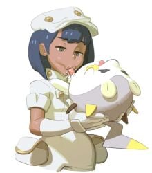 2016 aether_foundation aether_foundation_employee aether_foundation_employee_(female) bestiality blowjob blue_hair cum cum_in_mouth cumming dark-skinned_female dark_skin fellatio nintendo noill oral oral_sex pokémon_(species) poképhilia pokemon pokemon_sm pokephilia small_penis small_penis_adoration togedemaru white_gloves white_legwear white_shirt zoophilia