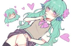 1girls 9yao_emerald blush bottomless finana_ryugu finger_over_mouth fish_girl flower flower_in_hair flowers flowers_in_hair green_hair head_fins heart heart-shaped_pupils looking_at_viewer nijisanji nijisanji_en no_panties purple_eyes school_uniform schoolgirl showing_off showing_pussy skirt_lift solo solo_female solo_focus virtual_youtuber white_background