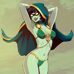 armpits arms_behind_head arms_up bikini cape danusko female hard_nipples hood hummingbird_(marvel) maria_aracely_penalba marvel mask masked masked_female straight_hair two_piece