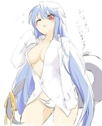 1girls artist_name bangs blue_hair blush bow bow_panties breasts center_opening collarbone collared_shirt covered_erect_nipples dizzy_(guilty_gear) erect_nipples female guilty_gear hair_between_eyes hair_down huki large_breasts long_hair long_sleeves looking_at_viewer mature_female monster_girl one_eye_closed panties red_eyes ribbon shirt sideboob sidelocks sleeves_past_fingers sleeves_past_wrists solo tail tail_ornament tail_ribbon thighs underwear waking_up white_panties white_shirt