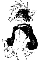 anthro antlers balls bedroom_eyes black_and_white clothing collar curled_hair deer ear_piercing ear_ring erection eyewear genitals glasses hair half-closed_eyes hi_res horn humanoid_genitalia humanoid_penis jariloxe male mammal meme meme_clothing monochrome narrowed_eyes penis piercing pubes ring_piercing seductive simple_background smile solo white_background