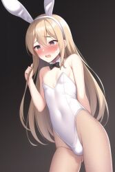 ai_generated blonde_hair blush bunny_ears bunny_ears_(cosmetic) bunny_girl bunny_suit femboy femboy_only latex long_hair male male_only nai_diffusion original penis_bulge stable_diffusion