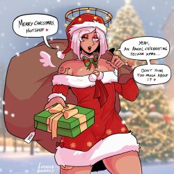 1boy 1femboy 2022 angel angel_wings anhel_(loggus_doggus) bag bob_cut bowtie christmas christmas_outfit christmas_tree crossdressing dress exposed_shoulders femboy femboy_only festive gift halo lipstick loggus_doggus male male_only original_character pink_hair pov pov_eye_contact red_lipstick solo text wings