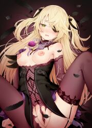 absurdres bangs black_feathers blonde_hair blush bodystocking bodysuit bow bowtie breasts brown_sleeves censored_clitoris chuunibyou cleavage_cutout clothing_cutout comiket_101 covering covering_crotch crotch crotch_cutout eyepatch feathers female fischl_(genshin_impact) fishnet_bodysuit fishnets garter_straps genshin_impact gloves green_eyes hair_over_one_eye hair_ribbon highres koromo_take long_hair looking_at_viewer lying medium_breasts no_clothe open_mouth panties purple_bow purple_bowtie pussy ribbon simple_background single_glove single_leg_pantyhose single_thighhigh small_breasts solo thighhighs torn_clothes torn_panties two_side_up underwear vision_(genshin_impact)