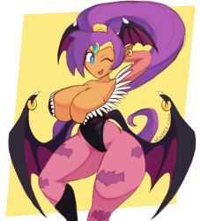 1girl 1girls animal_print arm_behind_head armpits bat_print bat_wings big_thighs blue_eyes breasts capcom cleavage clothing cosplay crossover dark_skin darkstalkers earrings female female_only high_resolution highleg highleg_leotard huge_breasts jewelry large_breasts legwear leotard long_hair morrigan_aensland_(cosplay) one_eye_closed pantyhose pointed_ears print_legwear purple_hair revealing_clothes seductive shantae shantae_(character) smile solo tagme thick_tights tights wayforward wings wink wonster-chan