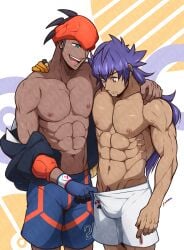 2boys gay kuroshinki leon_(pokemon) male_only muscular_male open_mouth pants_pull pokemon pokemon_ss pubic_hair raihan_(pokemon) topless uncensored