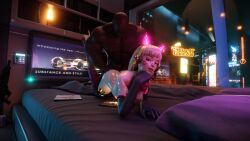 1boy 1girls 3d 3d_(artwork) ass_grab bed big_penis black_cat_d.va blender blonde_hair breasts cat_ears city_background cyberpunk d.va dark-skinned_male doggy_style gifdoozer's_black_cat_d.va heel_boots heels high_heels interracial looking_at_viewer muscular muscular_male nude overwatch wet_body winterzone