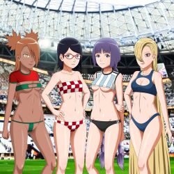 2022_fifa_world_cup 4girls adapted_costume akimichi_chouchou argentina black_hair blonde_hair bloomers borusumi boruto:_naruto_next_generations braided_twintails brown_hair buruma center_opening cleavage croatia crop_top dark-skinned_female dark_skin female female_only france g-string human kakei_sumire light-skinned_female light_skin morocco multiple_girls naruto naruto_(series) panties purple_eyes revealing_clothes sarada_uchiha shirt soccer soccer_field soccer_uniform stadium teenage_girl teenager tied_hair tubetop twintails underboob world_cup yodo