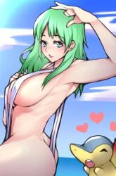 1340smile 1girls alternate_outfit ass beach big_ass big_breasts blush breasts byleth_(fire_emblem) byleth_(fire_emblem)_(female) cloud crossover cyndaquil female fire_emblem fire_emblem:_three_houses green_eyes green_hair heart intelligent_systems large_breasts looking_at_viewer medium_hair nintendo pokémon_(species) pokemon revealing_clothes sea seaside side_view sideboob sky sling_bikini slingshot_swimsuit sunny water