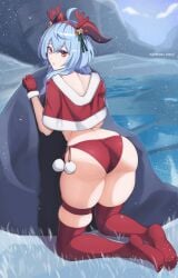 1girls ass back_view blue_hair breasts bubble_butt christmas christmas_outfit female ganyu_(genshin_impact) genshin_impact horns large_ass light-skinned_female light_skin long_hair o22no purple_eyes skindentation thick_thighs