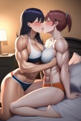 2girls abs ai_generated bed bedroom big_breasts blue_hair blush breasts_to_breasts eyes_closed eyes_semi-closed female female_only french_kiss ginger_hair kissing lesbian muscular muscular_female sensual tongue tongue_kiss tongue_out woman yuri