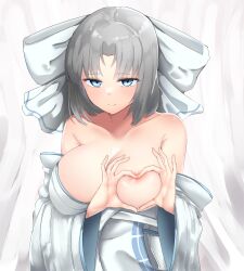 areola_slip azareiya_0702 blue_eyes bow breasts cleavage collarbone detached_sleeves female grey_hair hairbow hands_on_own_chest highres japanese_clothes kimono large_breasts long_sleeves looking_at_viewer senran_kagura simple_background white_background white_kimono wide_sleeves yumi_(senran_kagura)