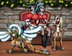 4girls amazon_pandora ball_gag ballet_boots blonde_hair blue_eyes blue_hair blue_light boots breasts christmas crotch_zipper crown dark_hair edit face_tattoo female female_only femdom femsub garter_belt garter_straps green_eyes green_hair halo hazel_eyes highres holding_leash hoof_boots hoof_gloves hourglass_figure jingle_bell kid_icarus kid_icarus_uprising large_breasts latex leash long_blue_hair long_green_hair long_hair magenta_eyes medusa medusa_(kid_icarus) multiple_girls nintendo palutena ponytail re-maker reindeer_antlers reindeer_costume remaker santa_costume small_breasts snake_hair third-party_edit viridi whiffle_gag yuri