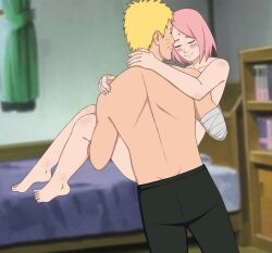 1boy 1girls bandaged_arm barefoot bed bedroom before_sex blonde_hair blue_eyes blush boruto:_naruto_next_generations carrying carrying_partner completely_nude completely_nude_female embarrassed female happy happy_female human imminent_sex indoors jack_.mery larger_male long_hair male male/female naruto naruto_(series) pants petite pink_hair princess_carry romantic romantic_couple sakura_haruno shirtless shirtless_(male) short_hair size_difference smaller_female smile straight uzumaki_naruto walking