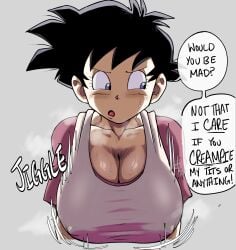 1girls 2023 alternate_breast_size big_breasts black_hair blue_eyes blush breasts busty cleavage clothed clothing collarbone dragon_ball dragon_ball_z dramatic_lighting english_text erect_nipples erect_nipples_under_clothes eyebrows eyelashes facing_viewer female female_only fully_clothed grey_background heavy_breathing horny horny_female huge_breasts huge_tits huge_tits_teen large_breasts light-skinned_female light_skin looking_away looking_to_the_side musk musk_clouds musky nipple_bulge nipples_visible_through_clothing no_bra open_mouth pseudocel shirt short_hair shounen_jump simple_background smell smelly solo solo_female son_gohan spiky_hair steam steamy sweat sweatdrop sweating sweaty teenage_girl teenager text tomboy tongue videl