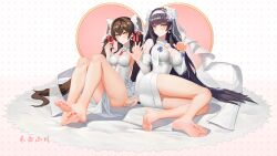 2girls absurdres bangs bare_legs barefoot black_hair blush breasts bridal_veil brown_hair closed_mouth dress earrings feet flower full_body girls'_frontline gloves hair_flower hair_ornament hair_ribbon hairband hebai_xiaochuan highres jewelry large_breasts legs lips long_hair looking_at_viewer medium_breasts multiple_girls nail_polish necklace official_alternate_costume on_floor partially_fingerless_gloves pink_nails red_ribbon ribbon ring simple_background sitting smile soles thighs toes type_95_(girls'_frontline) type_95_(prairie_gentian_and_her_season)_(girls'_frontline) type_97_(girls'_frontline) type_97_(prayers_in_the_wind)_(girls'_frontline) veil very_long_hair wedding_dress wedding_ring white_dress white_gloves white_hairband white_ribbon white_veil yellow_eyes