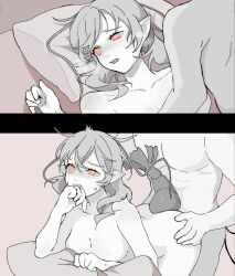 1boy 1girls animal_tail antennae ass ass bed breasts doggy_style doggy_style dubious_consent funamusea greyscale large_breasts lobco lobster lobster_girl milulaoshi monochrome pillow pointy_ears red_eyes roc_hijohshiki sex straight wadanohara_and_the_great_blue_sea