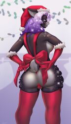 absurd_res ansart anthro armwear ass black_body bovid bow_ribbon bow_tie breasts camel_toe caprine christmas christmas_clothing christmas_headwear clothing cosmic_hair elbow_gloves ethereal_hair female gift_bow gloves hair handwear hat headgear headwear hi_res holidays legwear mammal purple_hair red_clothing red_gloves red_handwear red_legwear red_ribbon red_stockings ribbons santa_hat sheep solo stockings