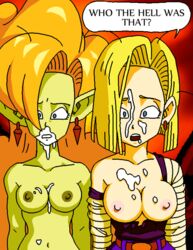 2girls android_18 blonde_hair blue_eyes blue_skin bob_cut breasts comic cum cum_on_face dboy double_facial dragon_ball dragon_ball_z facial female ginger green_skin human krillin kuririn male medium_hair multiple_girls nipples orange_hair petite pointy_ears zangya