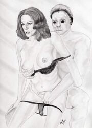 1boy 1girls big_breasts bra breasts brother_and_sister female from_behind halloween_(series) human incest laurie_strode lingerie male michael_myers navel nipples nude nudity panties straight tagme traditional_art