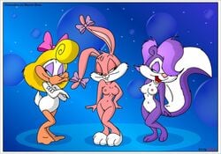 3girls a.g.i. anthro babs_bunny black_eyes blonde_hair breasts bunny duck female female_only fifi_la_fume fur furry loon mammal multiple_females nipples nude purple_fur rabbit shirley_the_loon skunk soft_feathers tiny_toon_adventures uncensored