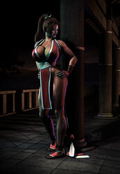 3d breasts brown_hair cleavage dress fatal_fury female female_only hair hands_on_hip human king_of_fighters large_breasts loincloth mai_shiranui obi ponytail smile snk solo standing systembleed tied_hair