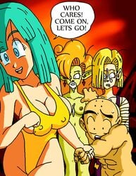 1girls android_18 aqua_hair blonde_hair blue_eyes blue_hair blue_skin bob_cut comic dboy dragon_ball dragon_ball_z female fringe ginger green_skin human krillin kuririn male maron medium_hair orange_hair petite pointy_ears zangya