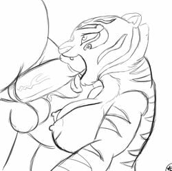 1boy 1girls abstract_background animated anthro balls big_breasts breasts deepthroat fellatio female fur furry interspecies kung_fu_panda male master_tigress monochrome oral panda po sketch straight tiger wolfelectric