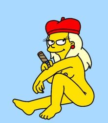 4_fingers 4_toes alex_whitney beret blonde_hair blue_background breasts cigar closed_mouth color ear_piercing exposed_breasts female female_only flat_colors hair hat looking_at_viewer matt_groening_(style) nipples nude open_eyes piercing pink_nipples round_ears sitting smile solo the_simpsons yellow_skin