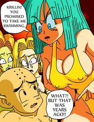 1girls android_18 aqua_hair blonde_hair blue_eyes blue_hair blue_skin bob_cut comic dboy dragon_ball dragon_ball_z female fringe ginger green_skin human krillin kuririn male maron medium_hair orange_hair petite pointy_ears zangya