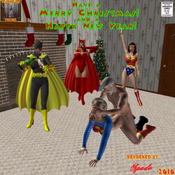 2010 3d all_fours avengers batgirl batman_(series) christmas costume crossover dc dc_comics female human kara_danvers kara_zor-el kneeling male marvel marvel_comics mutant_(marvel) santa_claus scarlet_witch sex spade_(artist) straight supergirl superman_(series) wanda_maximoff wonder_woman wonder_woman_(series) x-men
