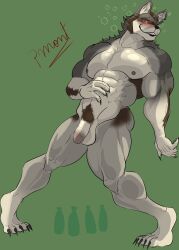 abs anthro ass balls beard biceps blush bottle brown_body brown_fur canid canine canis clawed_fingers claws container coyote drunk elbow_tuft facial_hair feet fur genitals green_eyes grey_body grey_fur hairy hairy_arms hi_res looking_at_viewer male male/male mammal muscular muscular_anthro muscular_male neck_tuft nipples nude paws penis pinumontbalou pubes scar simple_background smile smiling_at_viewer solo substance_intoxication teeth toe_claws tuft william_adler