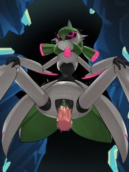 blush censored cum detailed_background dripping dripping_pussy female female_focus female_penetrated female_pokemon green_hair hand_on_knee human_on_pokemon iron_valiant looking_down nintendo paradox_pokemon pink_eyes pokémon_(species) pokemon pokemon_sv robot robot_girl sex skinny skirt vagina