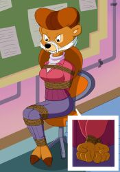 annoyed anthro anthro_only arms_behind_back arms_tied arms_tied_behind_back bear bondage bound cloth cloth_gag didrulez disney female gag gagged legs_tied rebecca_cunningham rope rope_bondage sharp_teeth sitting sitting_on_chair solo solo_female solo_focus talespin teeth