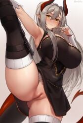 bangs bare_shoulders black_dress black_thighhighs blush breasts cleavage cleavage_cutout clothing_cutout detached_sleeves dress female grey_hair highres horns iwbitu large_breasts leg_lift leg_up long_hair looking_at_viewer original pointy_ears pussy short_dress solo split standing standing_on_one_leg standing_split tail thighhighs thighs uncensored yellow_eyes