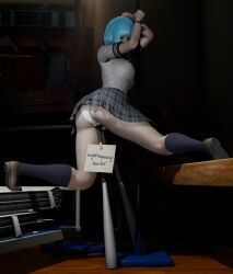 3d ahwlly ahwlly_(artist) ass blue_hair bob_cut captured caught fat_ass handcuffs humiliation large_breasts loafers pantyshot pink_eyes self_insert self_upload short_hair sign skirt tagme uniform white_panties