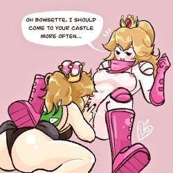 2girls ass blonde_hair boots bowsette breasts crown cunnilingus duo female female_only fingering footwear gloves handwear mario_(series) mob_face multiple_girls naked_boots naked_footwear naked_gloves new_super_mario_bros._u_deluxe nude oral pale_skin princess_peach pussy salaciouspeachy spread_legs super_mario_bros. super_mario_bros._(2023_film) text yuri