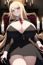 1girls ai_generated akamatsu_kaede big_breasts blonde_hair breasts_bigger_than_head cleavage cosplay curvy danganronpa danganronpa:_trigger_happy_havoc goth gothified huge_breasts large_breasts nai_diffusion necktie_between_breasts new_danganronpa_v3 playing_card purple_eyes smile stable_diffusion tagme