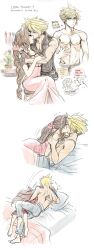 1boy 1girls aerith_gainsborough aged_up alternate_universe cloud_strife couple english_text female final_fantasy final_fantasy_vii final_fantasy_vii_advent_children gloves kissing long_hair making_out male on_bed passionate romantic romantic_couple scar scar_on_chest shirtless sleeveless straight wholesome