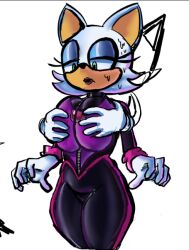 anthro bat big_breasts female/ambiguous furry gloves grabbing grabbing_from_behind green_eyes groping groping_breasts latex latex_suit nervous netflix rouge_the_bat rouge_the_bat_(prime) sillylilgoober sonic_(series) sonic_prime sonic_the_hedgehog_(series) squeezing