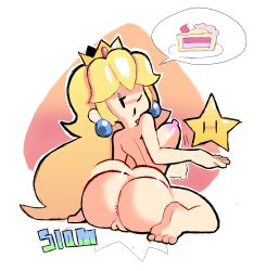 1girls anus anus_outline anus_peek ass barefoot blonde_hair bouncing_ass bouncing_breasts cake caked_up completely_nude completely_nude_female eks-out eyeshadow female female_only full_body huge_ass large_breasts mario_(series) mob_face naked naked_female nude nude_female paper_mario paper_peach princess_peach pussy pussy_peek simple_background solo solo_female star