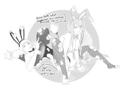 2girls 69 69_position all_fours almost_naked animal_ears ass awkward bent_over boruto:_naruto_next_generations breasts bunny_ears bunny_girl bunnysuit caught caught_in_the_act detached_sleeves fake_animal_ears female female_only hyuuga_hanabi implied_sex kazamatsuri_moegi kneeling leotard lying_on_back mattwilson83 monochrome mostly_nude naruto naruto_(series) pussy talking talking_to_viewer torn_clothes yuri