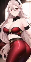 1girls ai_generated ass bandeau bare_shoulders belt big_breasts cleavage corrin_(fire_emblem) corrin_(fire_emblem)_(female) fire_emblem fire_emblem_fates hair_between_eyes hairband hartman_hips long_hair looking_at_viewer looking_back midriff nai_diffusion nintendo red_eyes red_strapless smile solo stable_diffusion strapless turning_around very_long_hair video_game video_game_character video_games