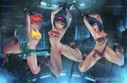 3girls arm_behind_head armpits arms_up bangs bare_shoulders barefoot bikini black_hair bondage bound breasts cleavage collarbone colored_skin creatures_(company) erika_(pokemon) female female_only femsub game_freak gym_leader hair_tie judash137 kasumi_(pokemon) long_hair looking_at_viewer machine machine_bondage mechanical_fixation medium_breasts midriff multiple_girls multiple_subs muscular navel nintendo open_mouth orange_hair pokemon pokemon_(game) ponytail red_eyes sabrina_(pokemon) shiny shirt short_hair shorts struggling suspension swimsuit toned white_skin