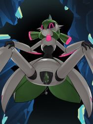 censored detailed_background dripping dripping_pussy female female_focus female_pokemon green_hair hand_on_knee iron_valiant looking_down nintendo paradox_pokemon pink_eyes pokémon_(species) pokemon pokemon_sv robot robot_girl skinny skirt vagina