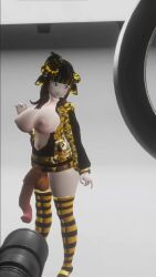 1futa 3d animated bed black_hair blue_eyes breasts fendravr futa_only futanari gold_hair horns horsecock horsecock_futanari huge large_breasts minotaur minotaur_futanari solo stockings thick_thighs video vrchat