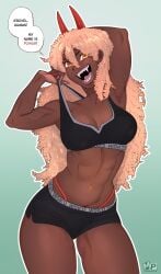 1girls abs alternate_skin_color alternate_universe armpits black_sports_bra blackwashed blonde_hair breasts chainsaw_man curly_hair dark-skinned_female dark_skin demon_girl demon_horns english_text fangs female horns mahmapuu medium_breasts muscular muscular_female navel_piercing panty_straps power_(chainsaw_man) race_swap shorts solo speech_bubble sports_bra symbol-shaped_pupils tanned thick_thighs very_dark_skin yellow_eyes